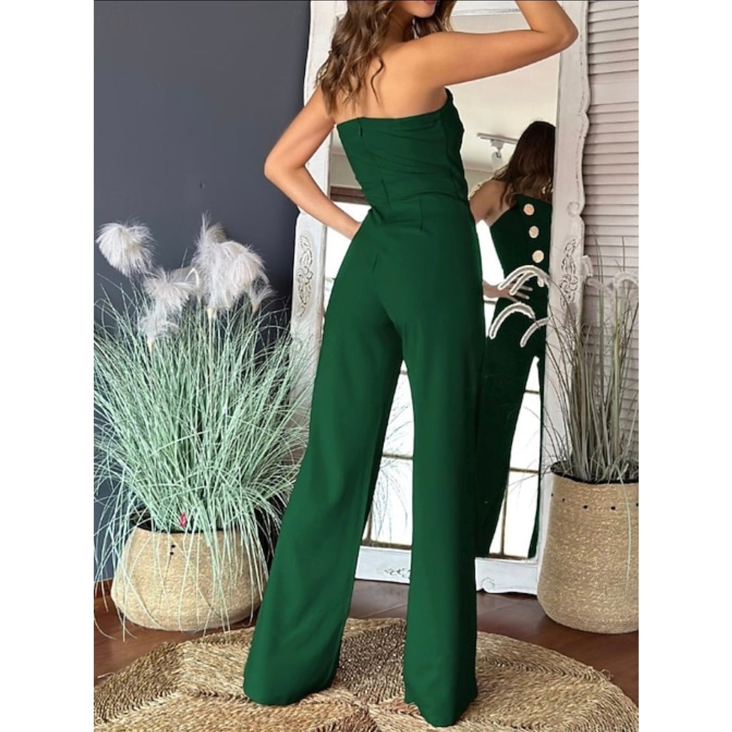 CHICME Emerald Green Strapless Jumpsuit Gold Button Wide Leg Pants Small