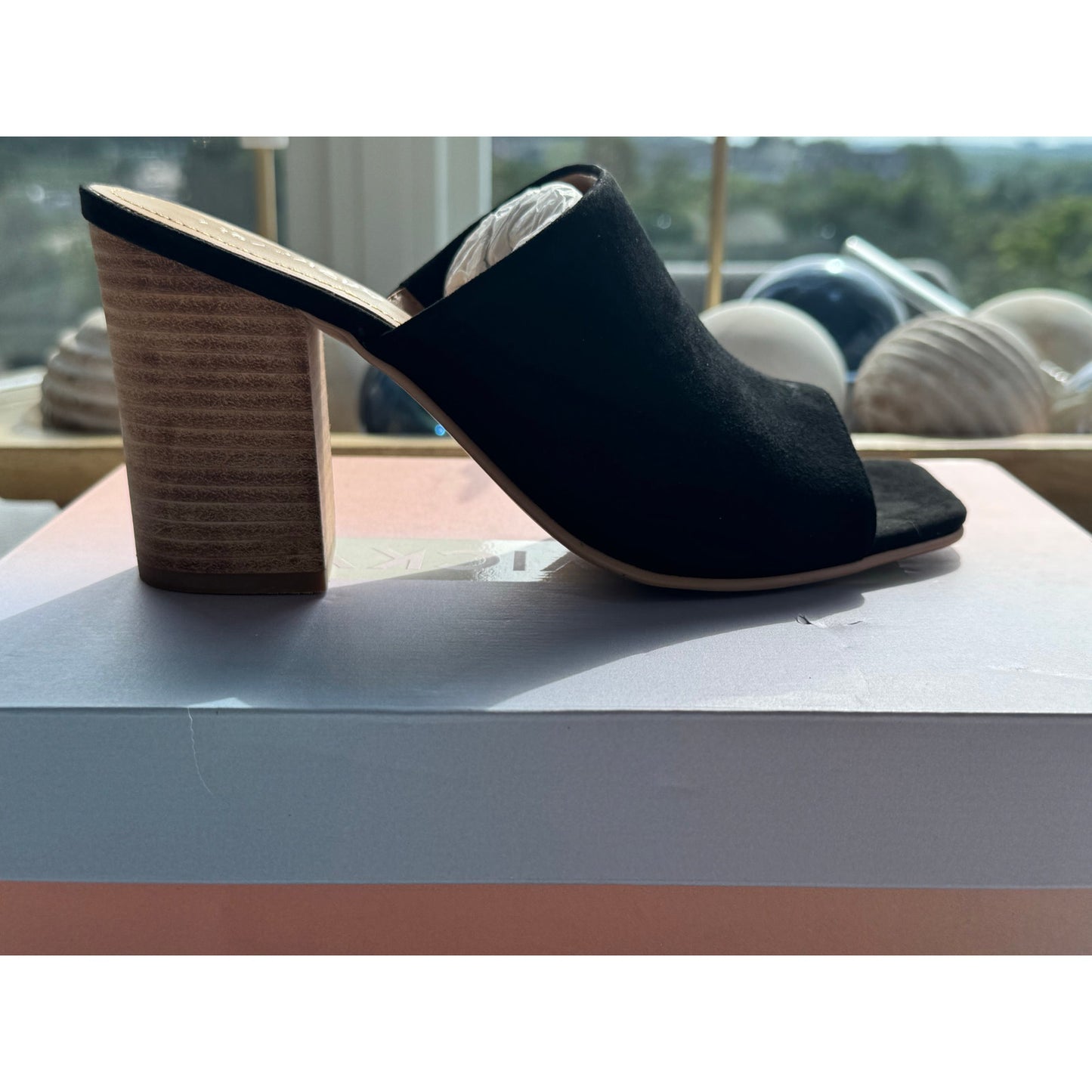 Lisa Vicky Virtue-V Black Kid Suede Block Heel Mules | Size 7 NEW