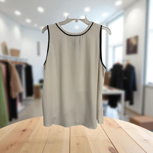 LOFT Contrast Trim Sleeveless Blouse | White Black Tie Neck Top | Size Large