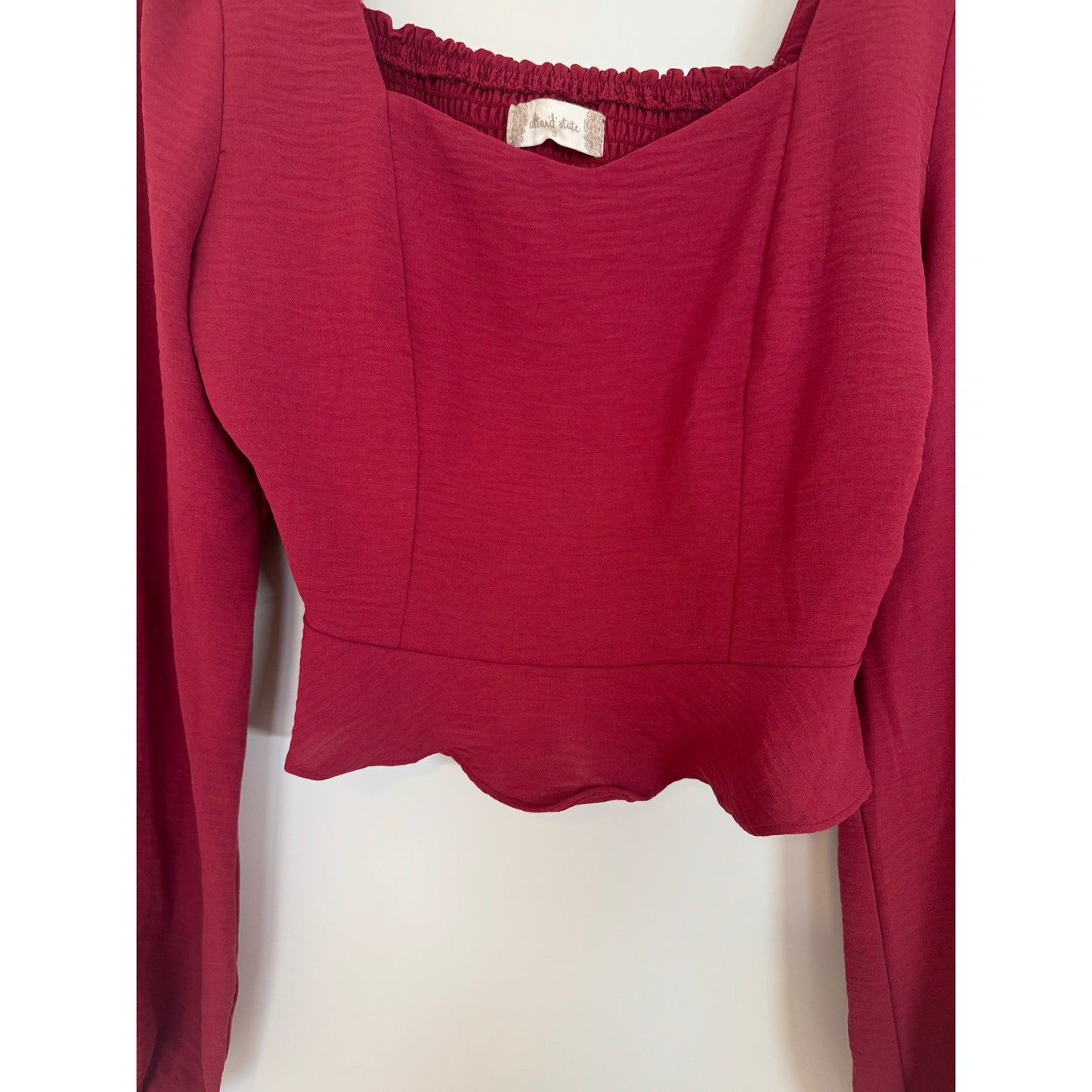 Altar’d State Long Sleeve Peplum Crop Top – Size Small – Red Wine Color
