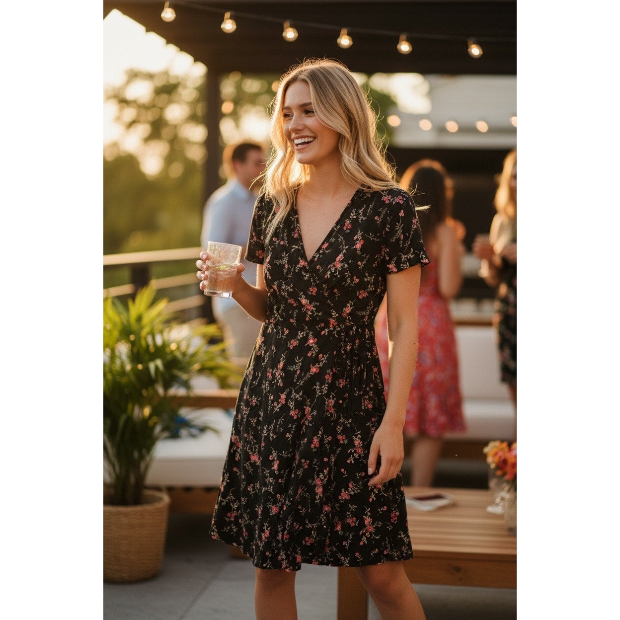 Kaileigh Kaela Floral Faux Wrap Dress XL Black Pink Fit & Flare Flutter Sleeve NEW