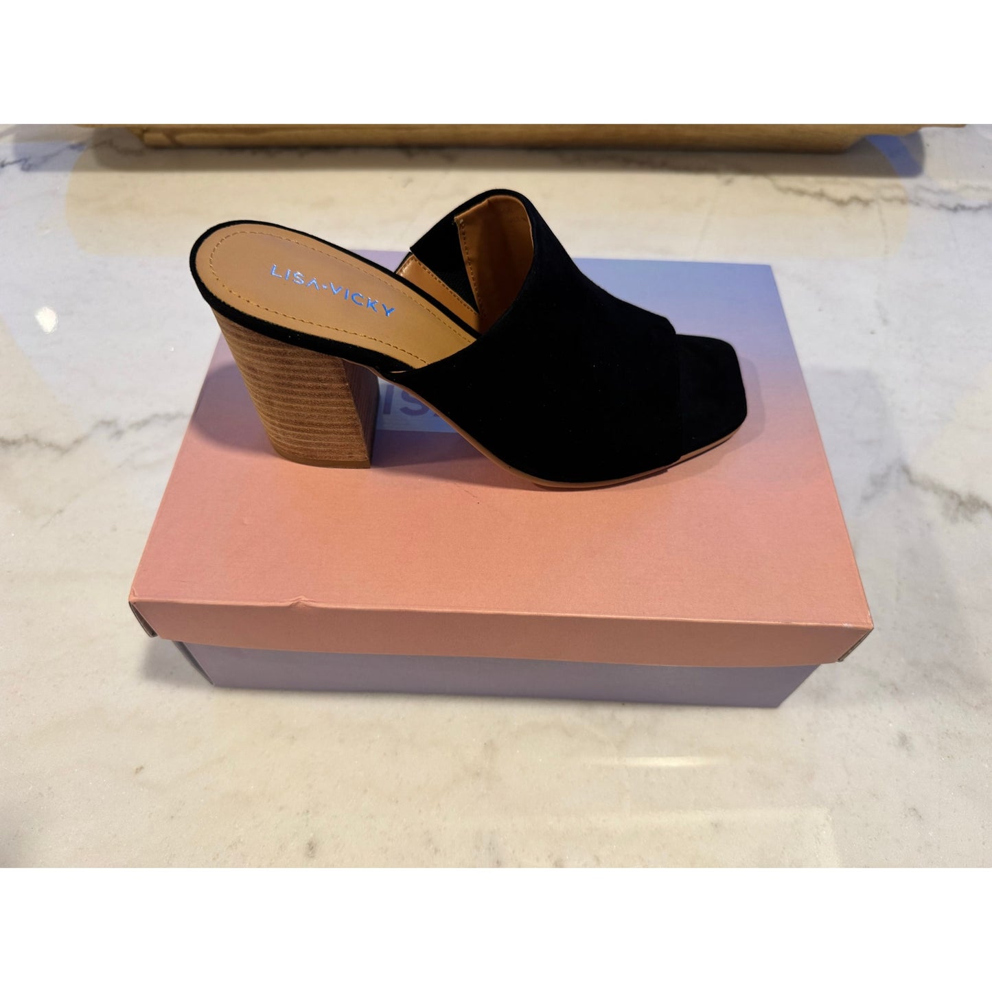 Lisa Vicky Virtue-V Black Kid Suede Block Heel Mules | Size 7 NEW