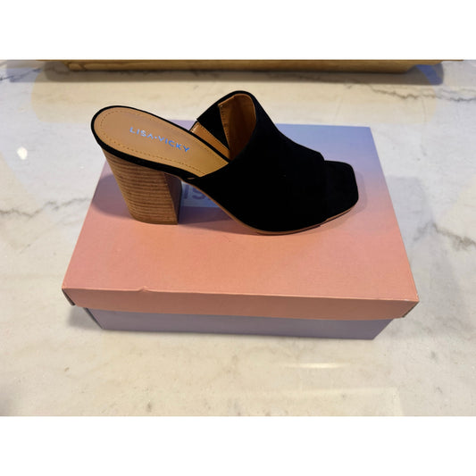 Lisa Vicky Virtue-V Black Kid Suede Block Heel Mules | Size 7 NEW