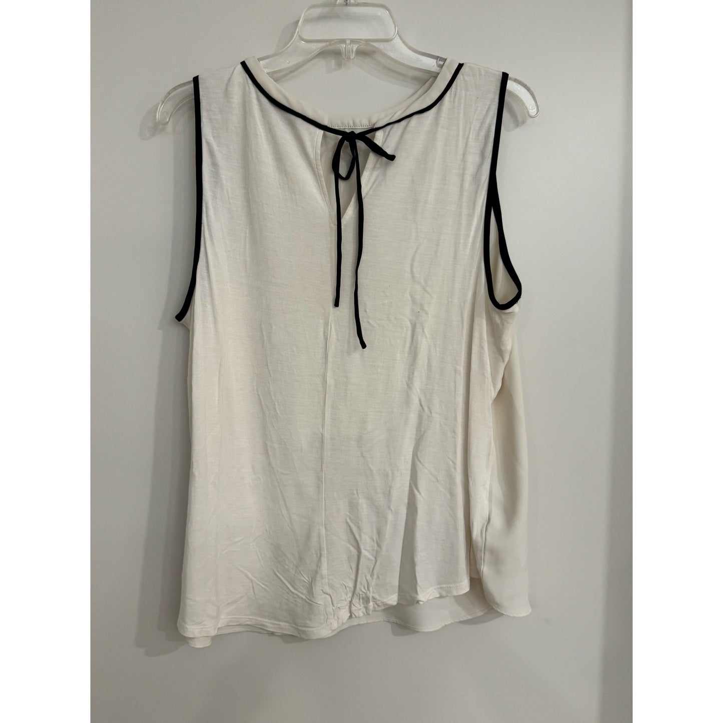LOFT Contrast Trim Sleeveless Blouse | White Black Tie Neck Top | Size Large