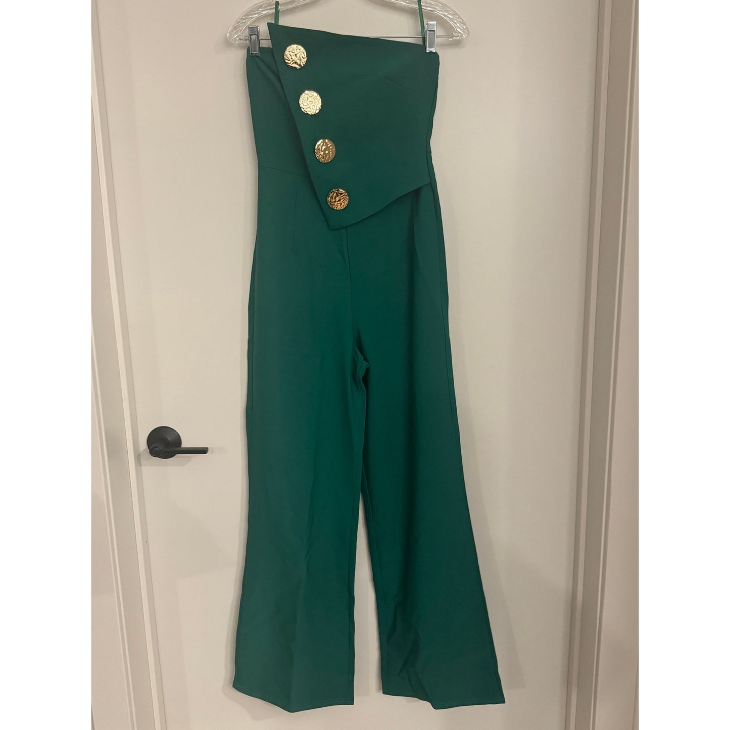 CHICME Emerald Green Strapless Jumpsuit Gold Button Wide Leg Pants Small
