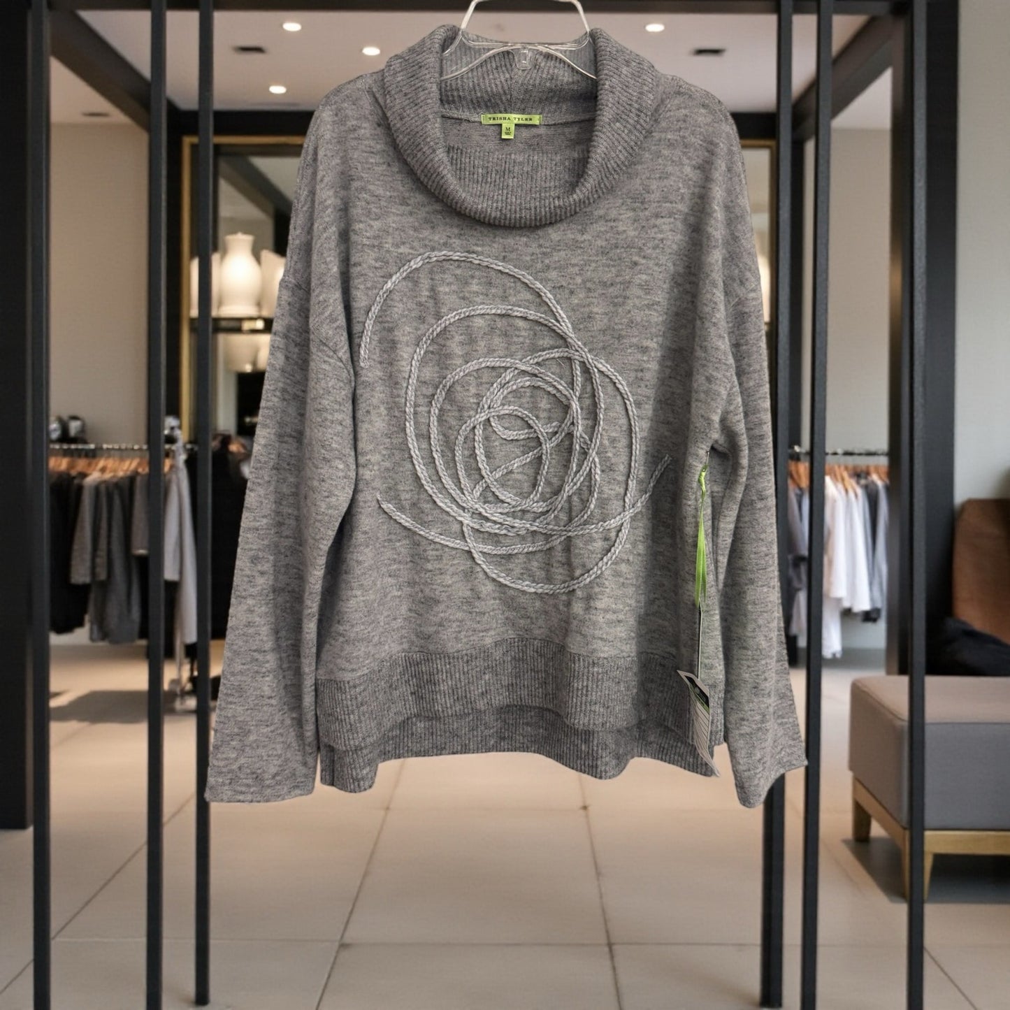 Trisha Tyler Swirl Embroidered Mock Neck Sweater – Grey NEW