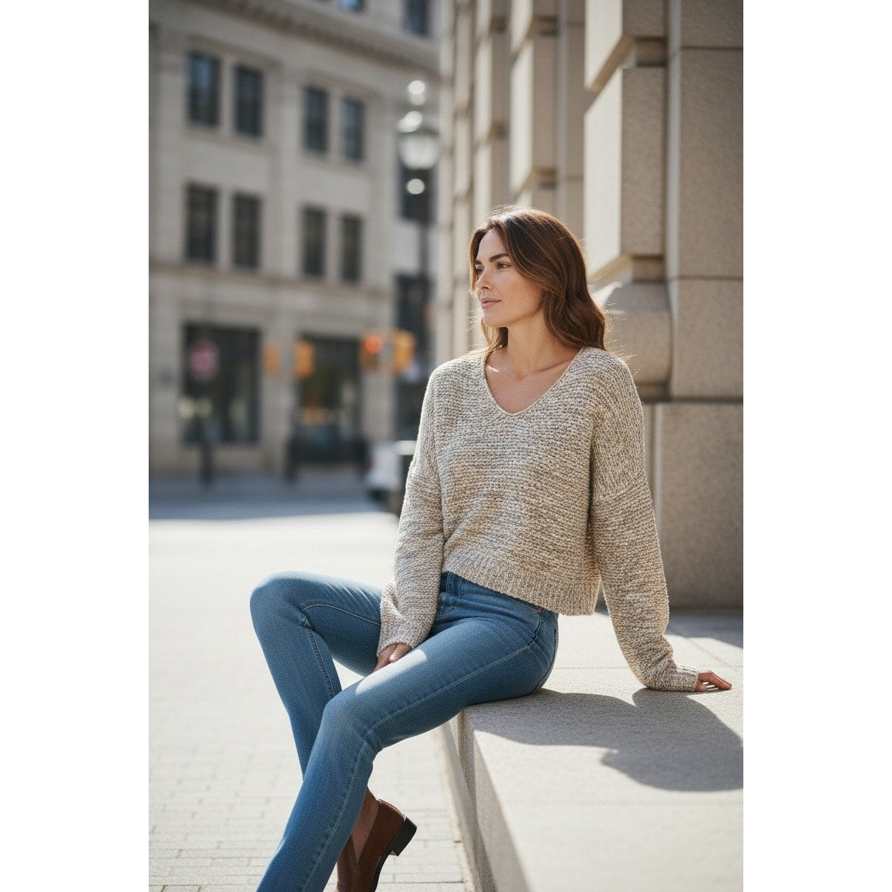 Hayden Los Angeles Cappuccino Popcorn Knit Sweater S/M NEW Cropped V Neck Chunky