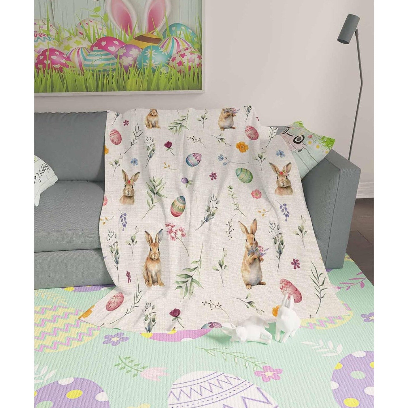 Easter Bunny Watercolor Flannel Throw Blanket 40" x 50" – Soft & Lightweight NWT