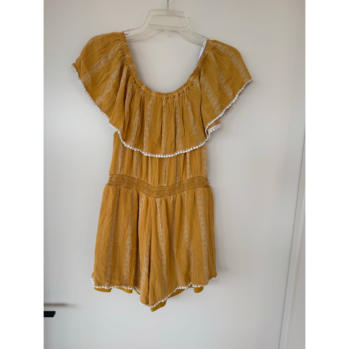 Lulus Mustard Yellow Off-Shoulder Ruffle Romper – Size Large