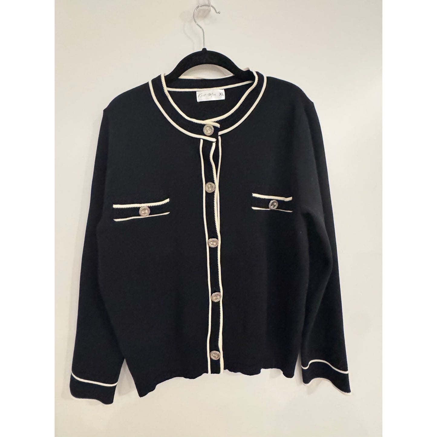 Knit Mix Frenchy Black Contrast Trim Cardigan Size XL Gold Button Parisian Chic Sweater