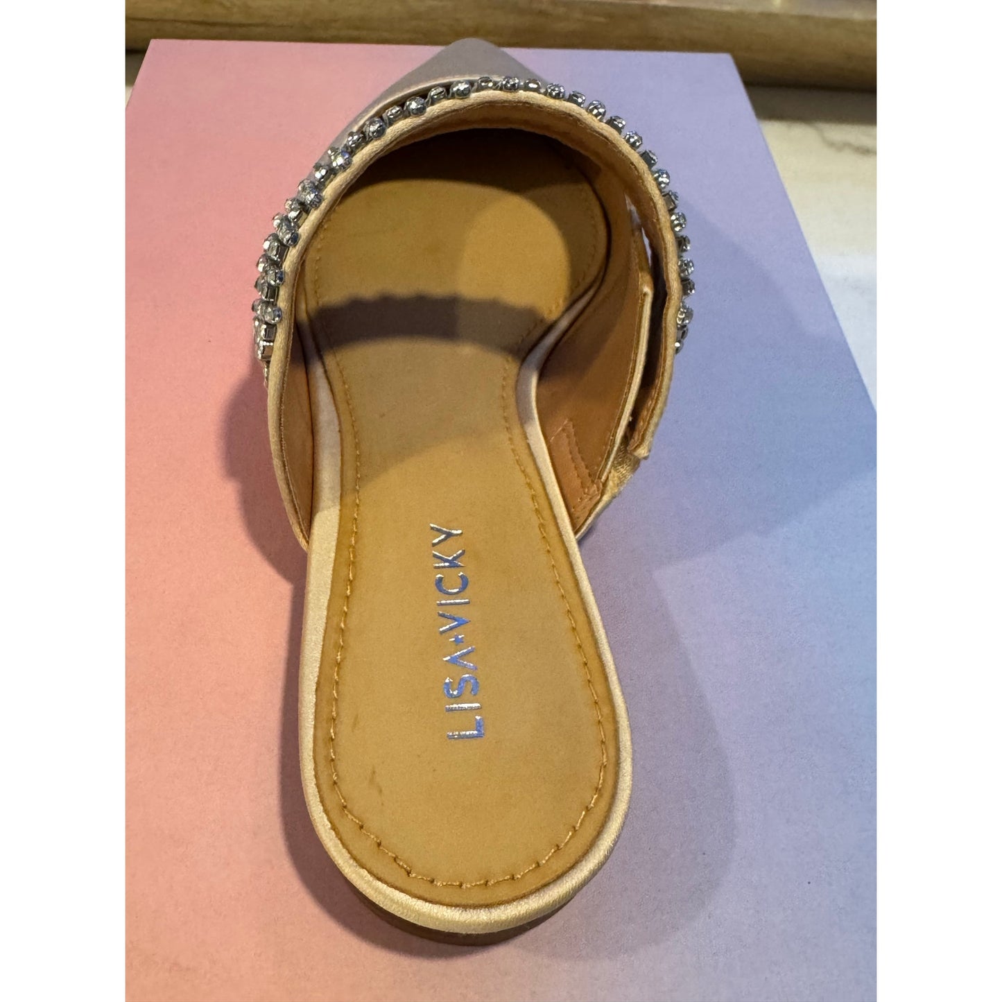 Lisa Vicky MOVE-V Champagne Satin Flats – Rhinestone Strap – Size 7 NEW