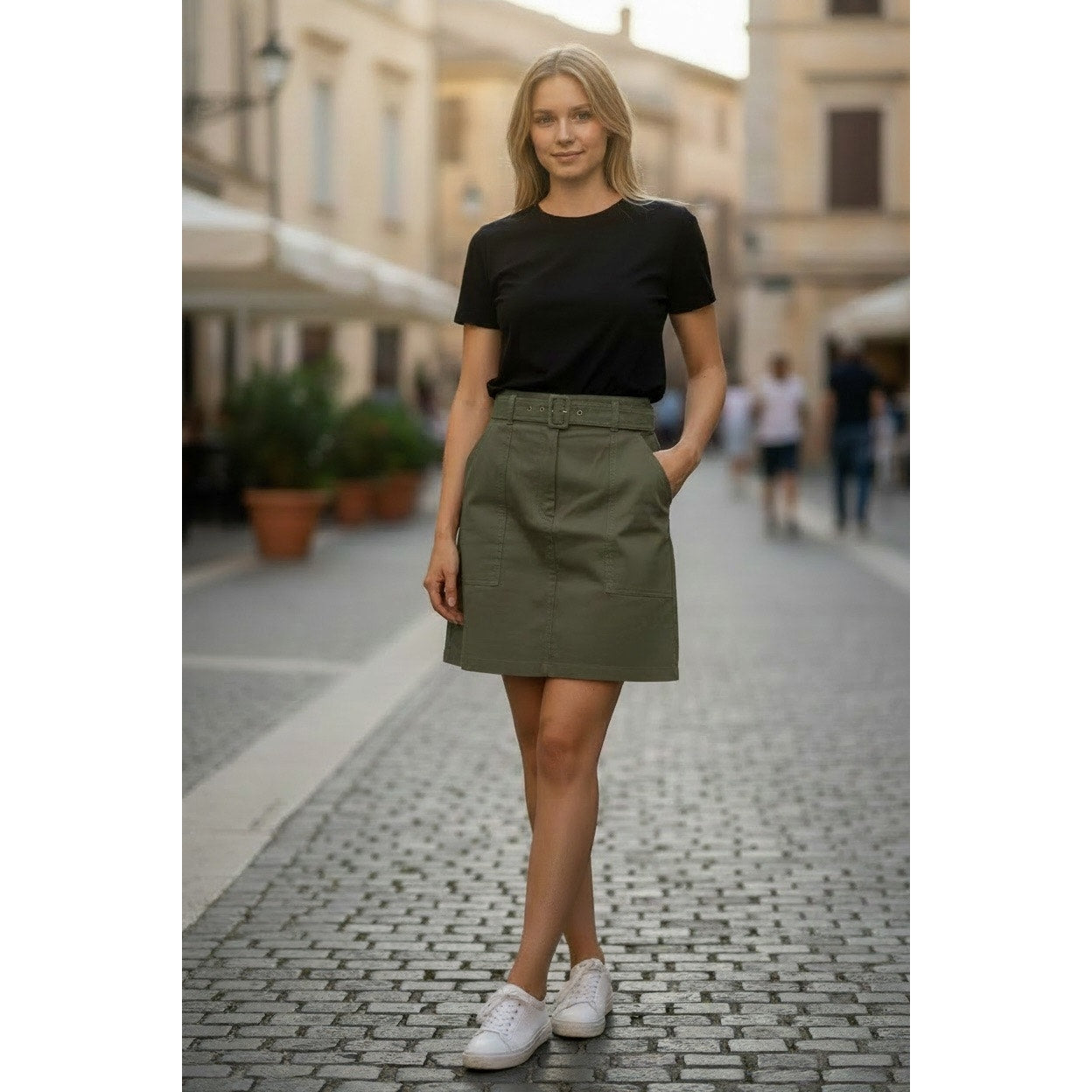 Banana Republic Belted Painter Skirt Size 14 Olive Green Utility Mini Cotton Lyocell