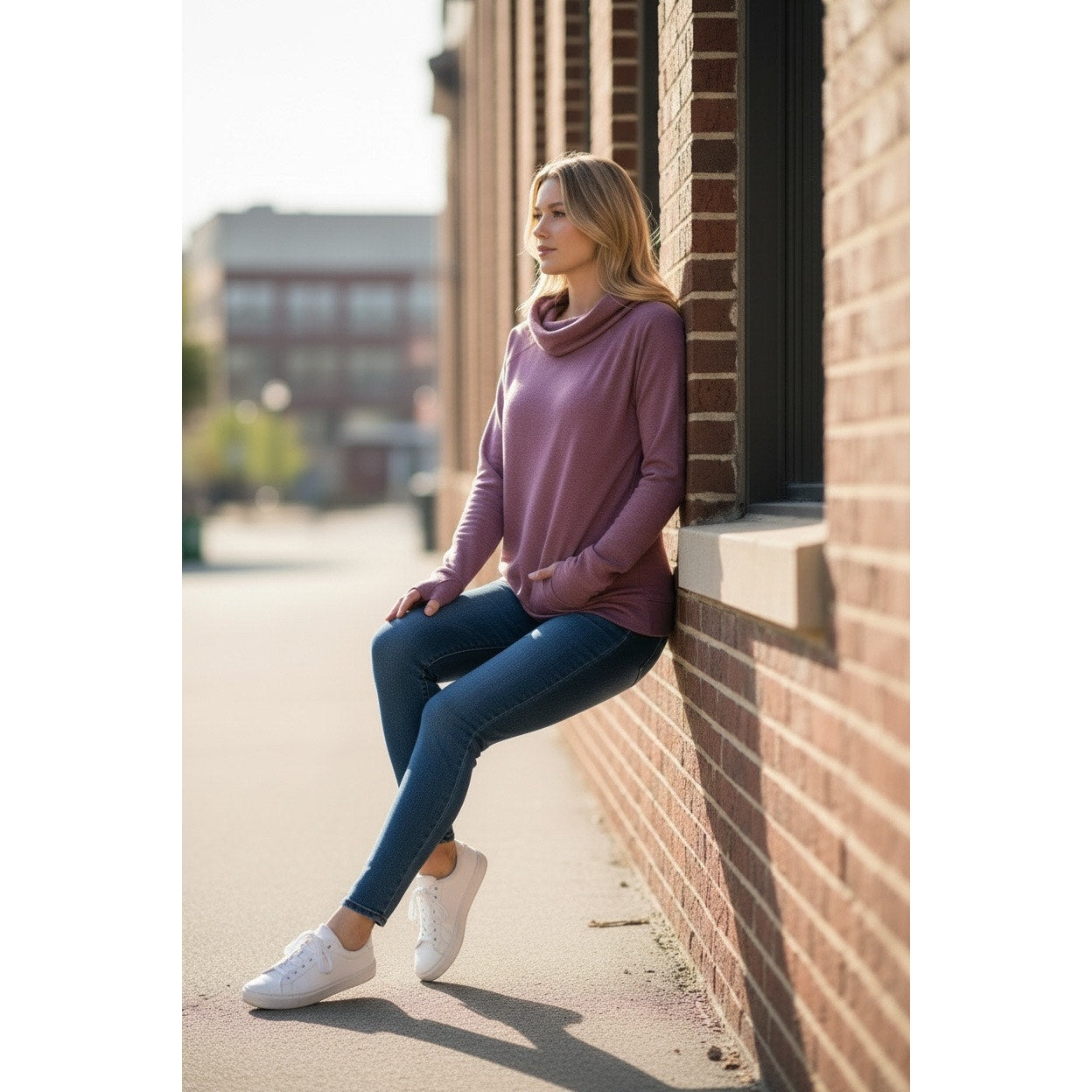 Athleta XL Oversized Cowl Neck Pullover Sweatshirt Mauve Thumbholes