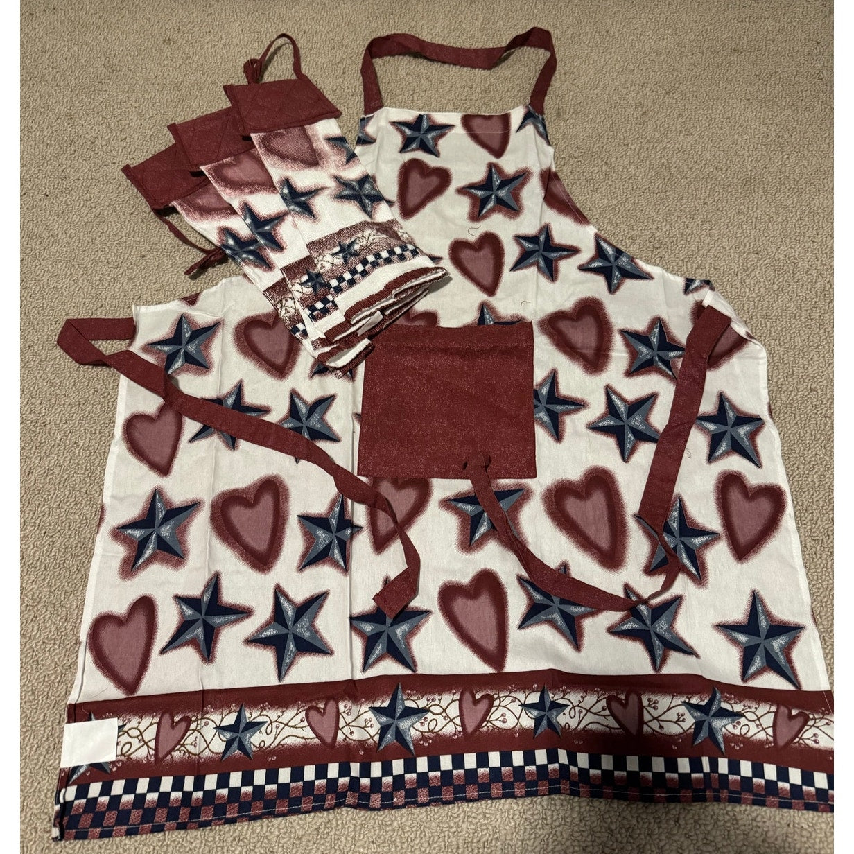 Patriotic Apron & Towel Set – Hearts & Stars – 4 pc NEW