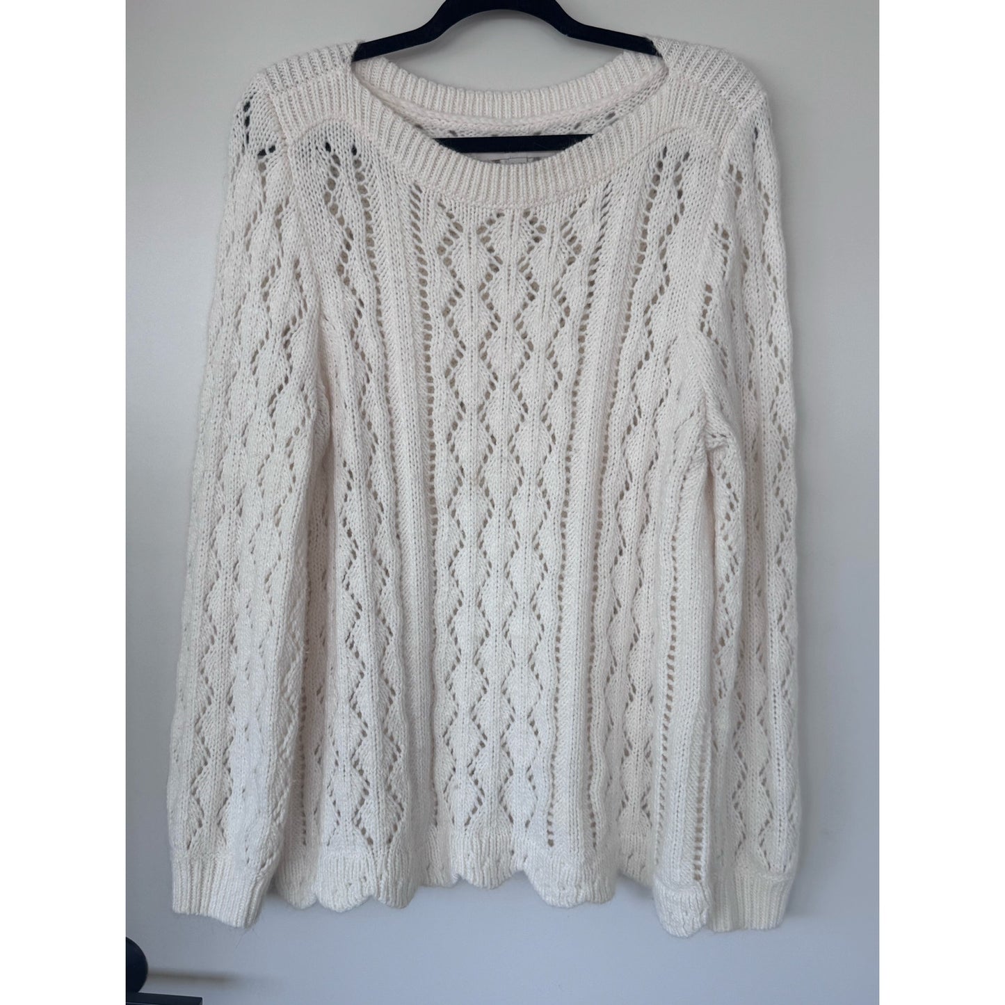 LOFT Pointelle Knit Sweater XL Cream Scalloped Hem Soft Lightweight Pullover