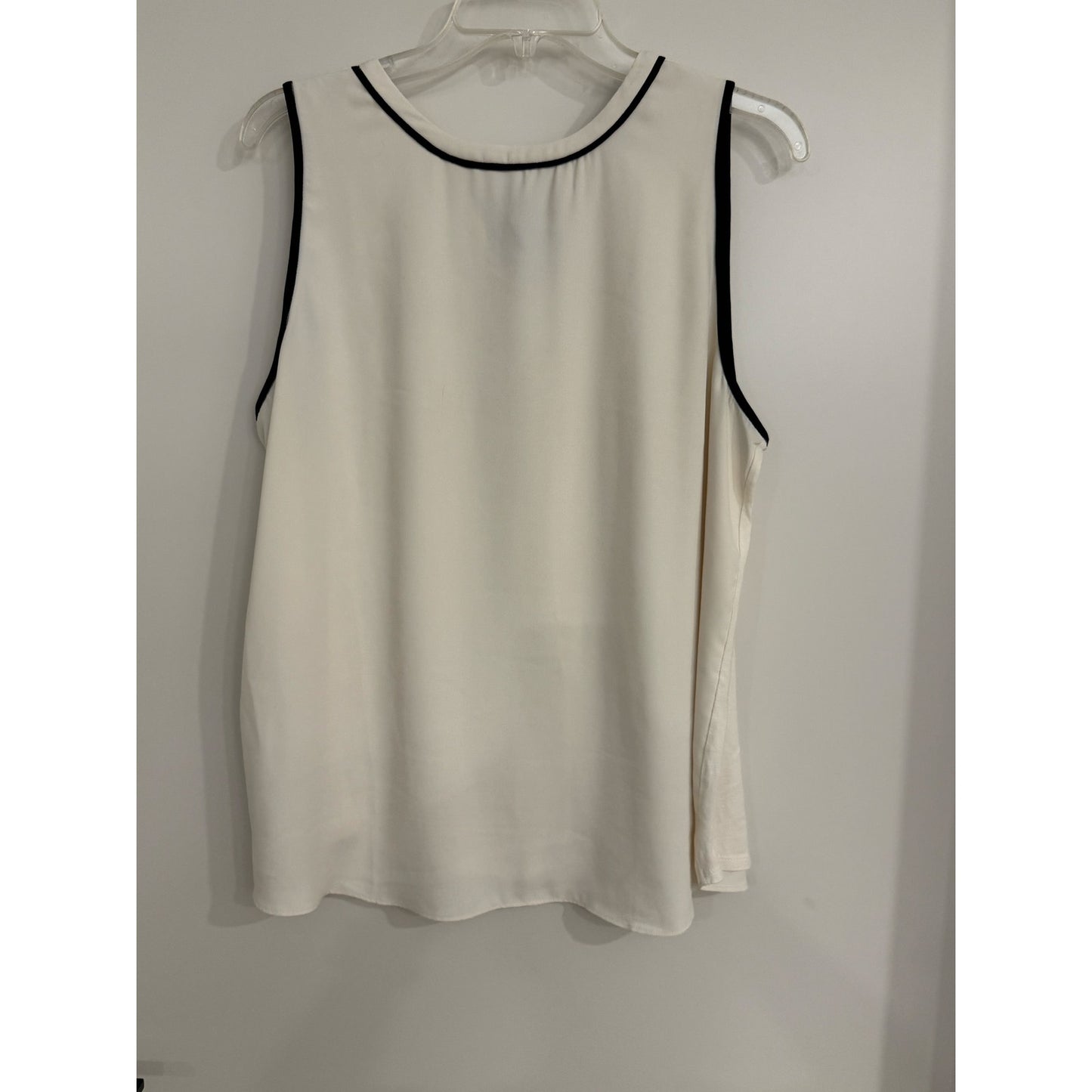LOFT Contrast Trim Sleeveless Blouse | White Black Tie Neck Top | Size Large