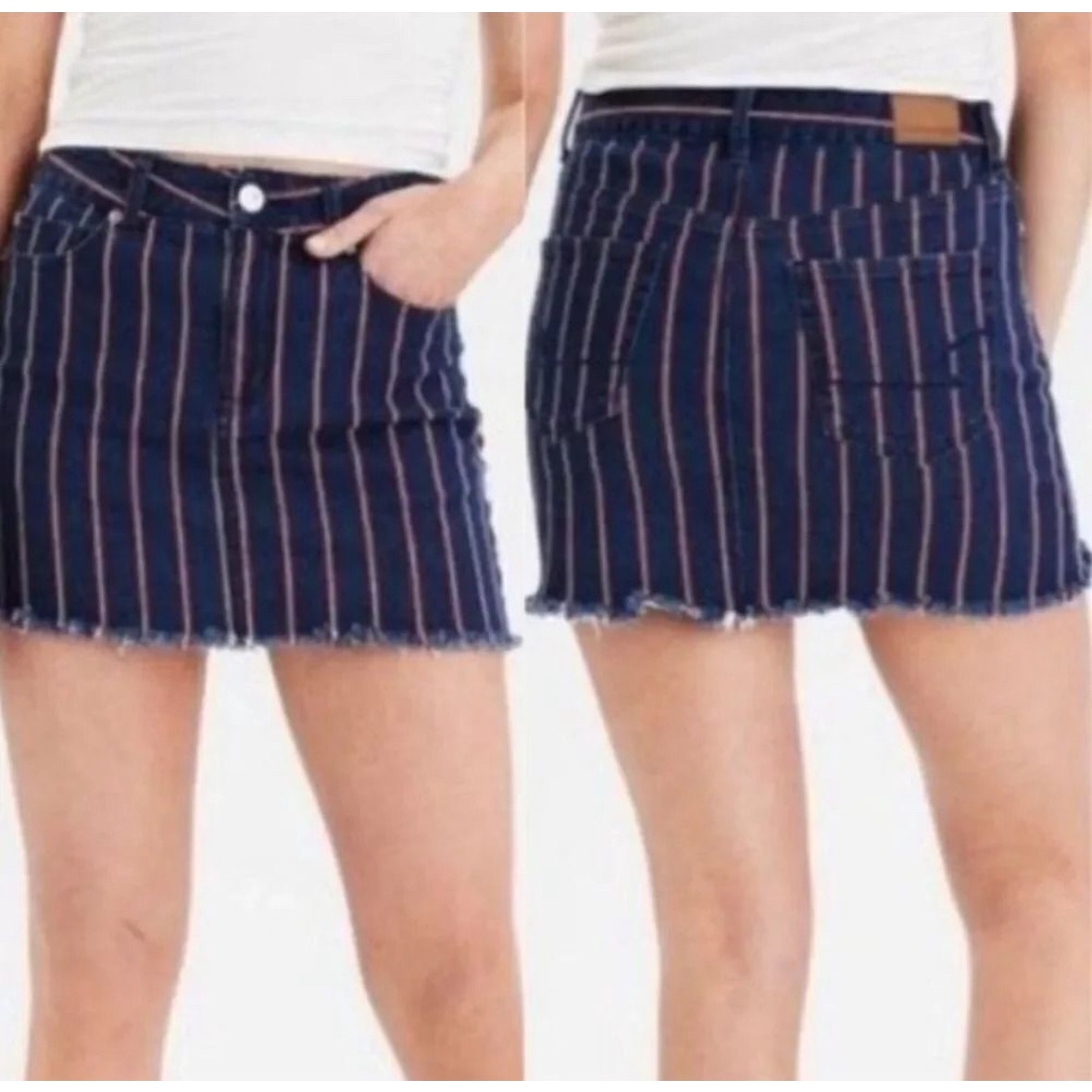 American Eagle High-Rise Striped Mini Skirt – Size 12, Super Stretch, Frayed Hem