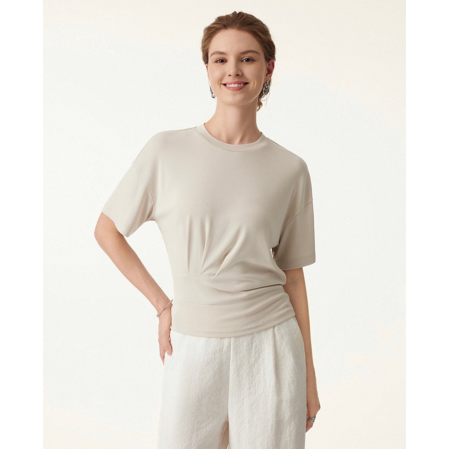 OGL Move NEW Ivory Crewneck Tucked Waist Tee Minimalist Top | Large